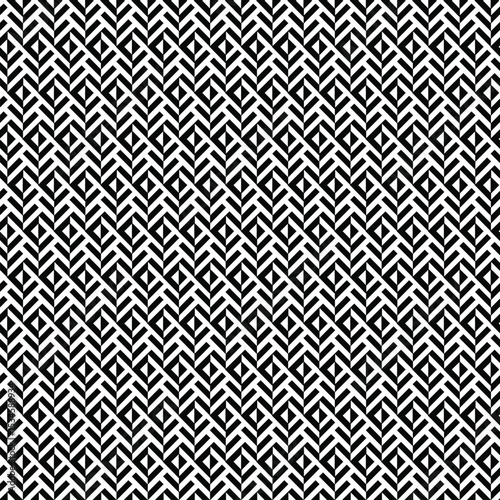 vector seamless pattern, repeating geometric pattern in black and white, Interlocking Zigzags, Chevrons, Diagonal Orientation, elongated hexagons, Sense of Depth, Movement, Tessellation, thick diagona