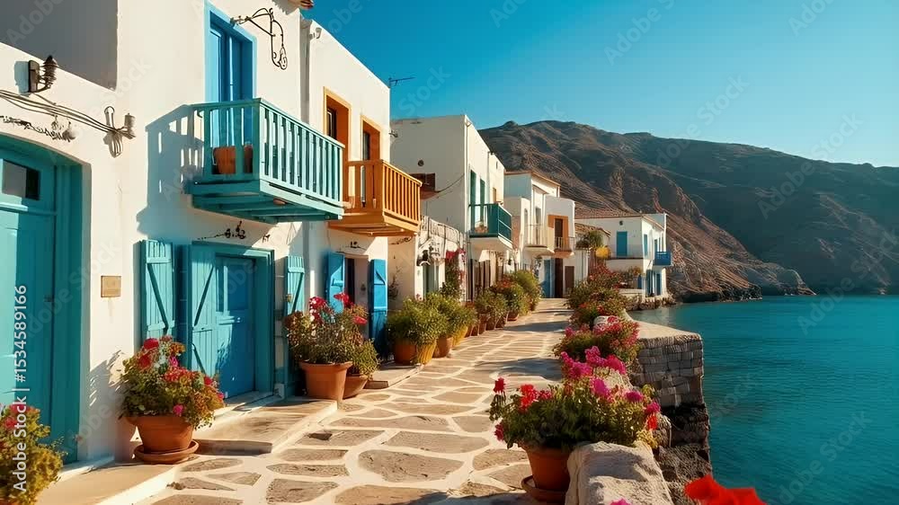 Colorful Coastal Village with Whitewashed Houses and Flower Pots by the Sea