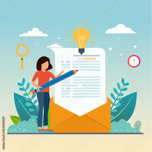 Content writer, blogger or bullet journal, publishing editor or writing article online, copywriter for advertising, freelance journalist concept, creative woman holding pencil with content on websit
