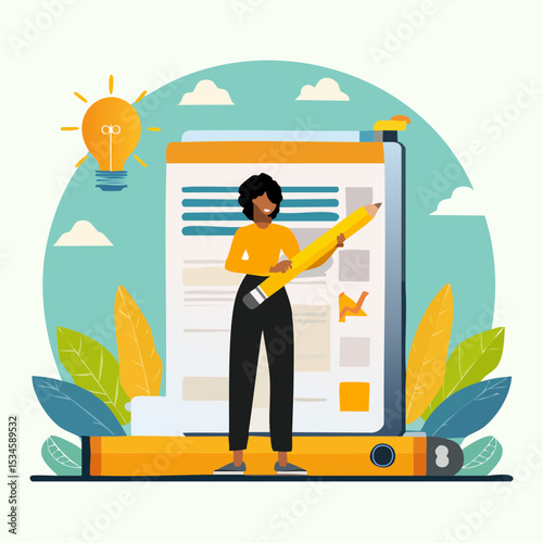 Content writer, blogger or bullet journal, publishing editor or writing article online, copywriter for advertising, freelance journalist concept, creative woman holding pencil with content on websit