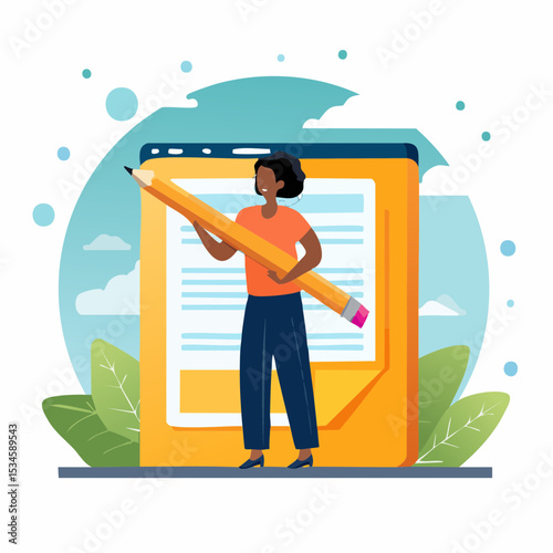 Content writer, blogger or bullet journal, publishing editor or writing article online, copywriter for advertising, freelance journalist concept, creative woman holding pencil with content on websit