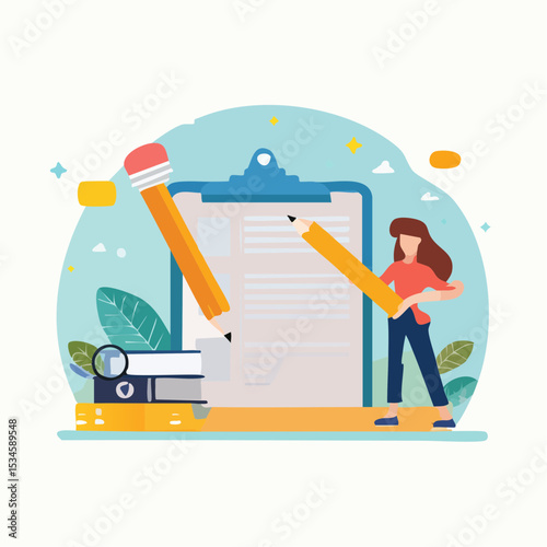 Content writer, blogger or bullet journal, publishing editor or writing article online, copywriter for advertising, freelance journalist concept, creative woman holding pencil with content on websit