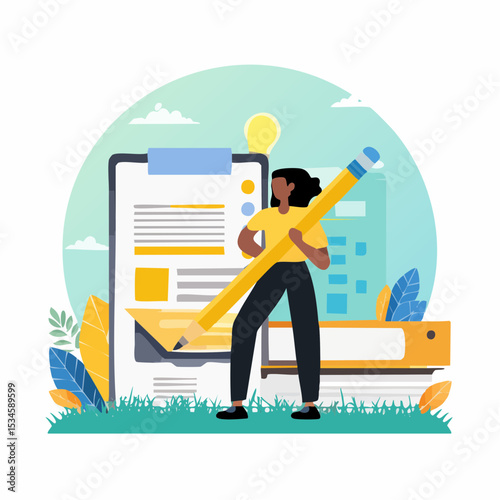 Content writer, blogger or bullet journal, publishing editor or writing article online, copywriter for advertising, freelance journalist concept, creative woman holding pencil with content on websit