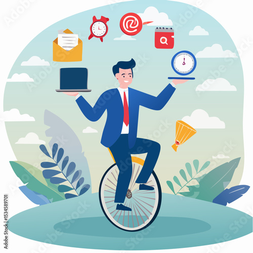 Productive master, productivity and project management skill, multitasking work and time management concept, skillful businessman riding unicycle juggling elements, laptop, calendar, ideas and email