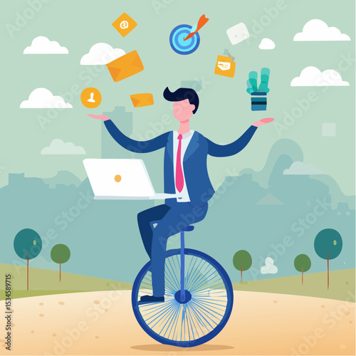 Productive master, productivity and project management skill, multitasking work and time management concept, skillful businessman riding unicycle juggling elements, laptop, calendar, ideas and email