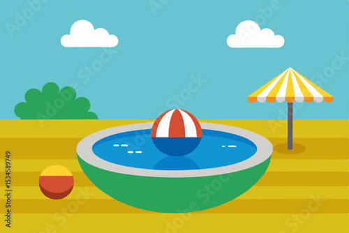 Summer Fun Beach Pool Scene with Inflatable Ball and Umbrella