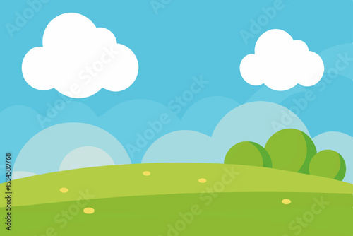Serene Sunny Day Cartoon Landscape Illustration of Rolling Hills and Fluffy Clouds