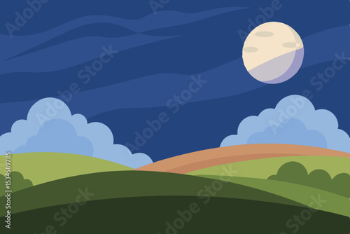 Serene Night Landscape Rolling Hills Under a Full Moon