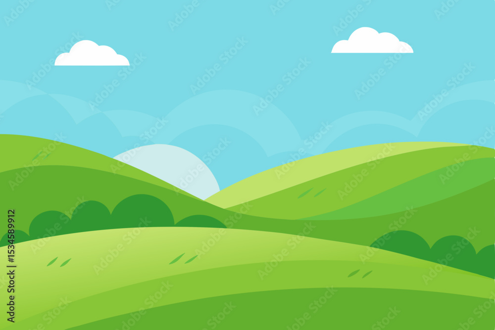 Fototapeta premium Serene Rolling Hills Landscape A Picturesque Green Meadow Under a Sunny Sky