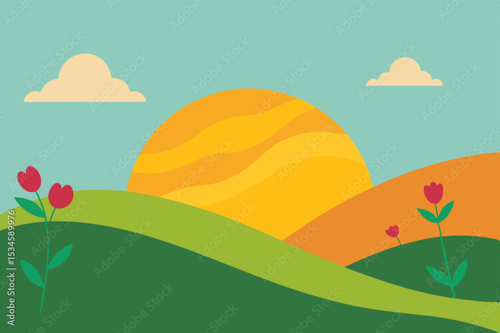 Fototapeta premium Serene Sunset Landscape Rolling Hills, Tulips, and a Golden Sun