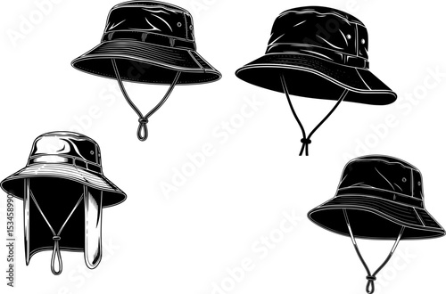 Black bucket hat with a chinstrap for outdoor sun protection
