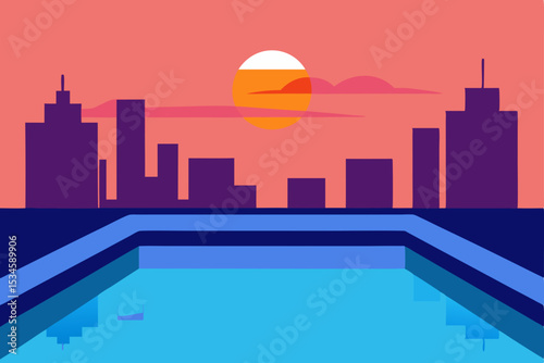 Sunset Cityscape Rooftop Pool View, Urban Oasis at Dusk