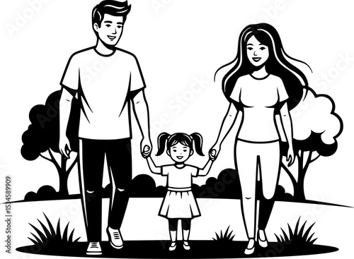 Iconic representation of a family of three holding hands together happily
