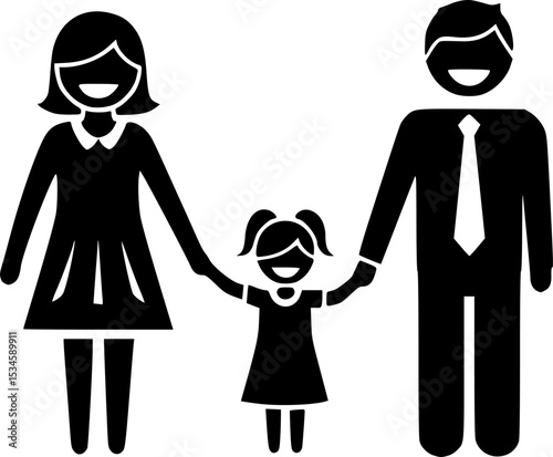 Iconic representation of a family of three holding hands together happily
