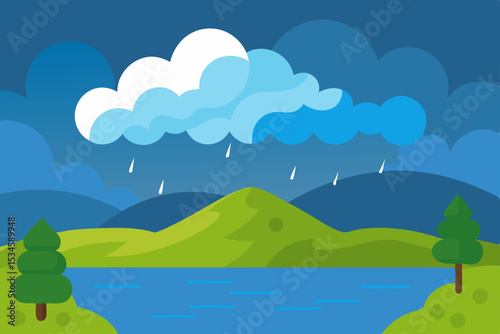 Serene Rain A Picturesque Landscape of Mountains, Lake, and Storm Clouds