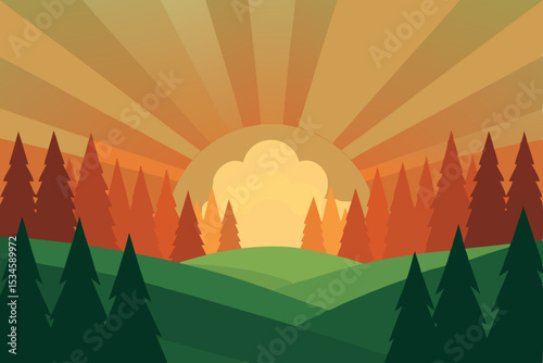 Sunset over rolling hills and majestic forest A vibrant nature illustration
