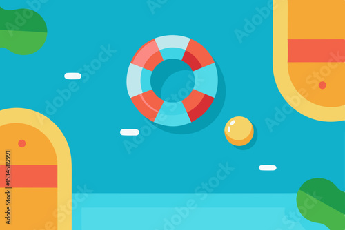 Summer Fun Poolside Relaxation with Life Ring and Beach Ball