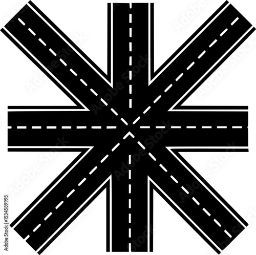 Intersection icon representing a four way stop with dashed lines marking lanes
