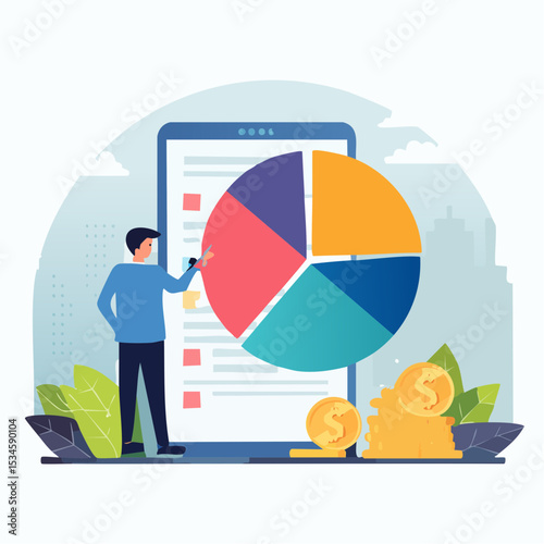 Cost structure, expense and income balance calculation, revenue, debt and investment analysis, money management, budget or saving concept, businessman with calculator with pie chart of cost structur