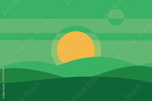 Serene Sunset Landscape Minimalist Green Hills and Golden Sun Illustration