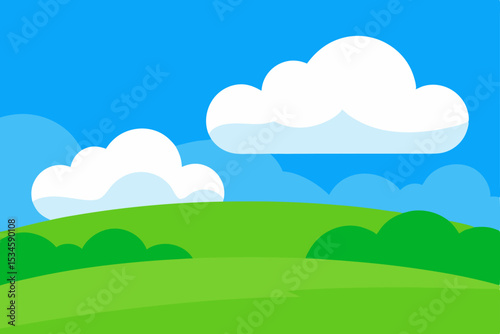 Serene Hilltop Landscape Green Hills, Fluffy Clouds, and a Bright Blue Sky