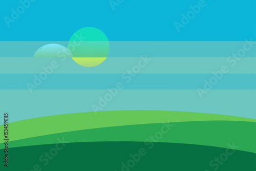 Serene Sunset Landscape Abstract Green Hills and Pastel Sky