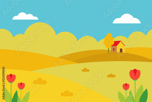 Serene Autumn Landscape Rolling Hills, Country House, and Blooming Tulips