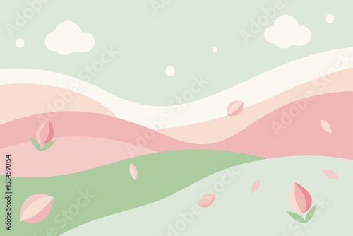 Pastel Peach Blossoms Spring Landscape Abstract Hilly Scene Illustration