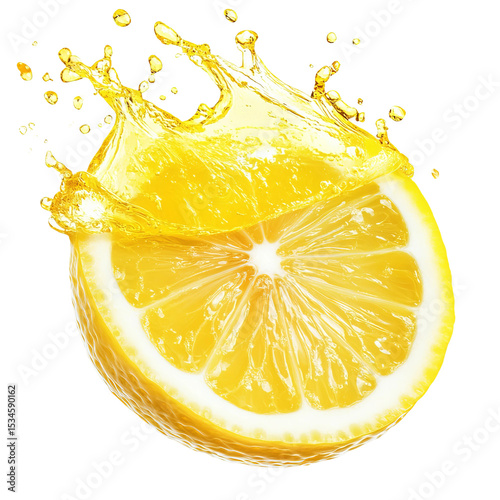 Zesty Burst: A vibrant lemon half, captured mid-splash, explodes with a refreshing burst of citrusy juice, showcasing freshness and natural goodness.