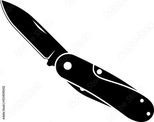 Simple silhouette image of an open pocket knife on a white background
