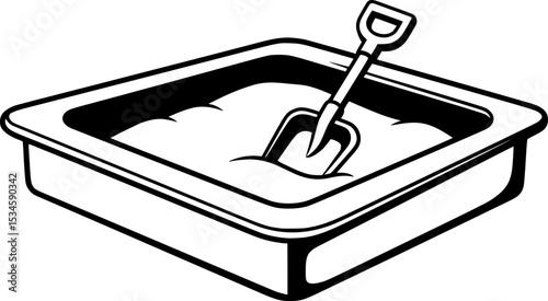 Black and white illustration of a sandbox with a shovel inside
