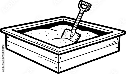 Black and white illustration of a sandbox with a shovel inside
