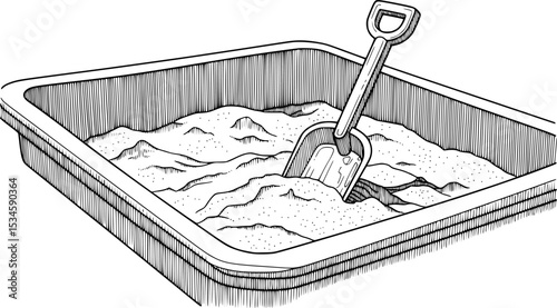 Black and white illustration of a sandbox with a shovel inside
