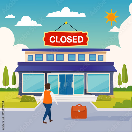 Close business, decision to stop operate company, office closing down out of business, store, end business signboard problem or recession concept, businessman walk away from closed company offic