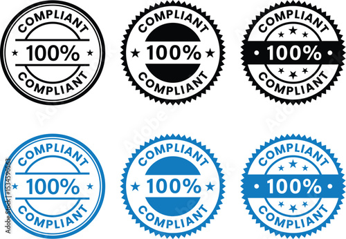 100% compliant sign, logo, badge, icon, sticker, label, emblem, stamp, symbol, black, line, flat vector, isolated illustration. suitable for product label, manufacturing and information label.