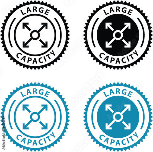 Large capacity logo vector template. Large capacity sign, logo, badge, icon, sticker, label, emblem, stamp, symbol, black, line, flat vector, isolated illustration.

Suitable for info and label