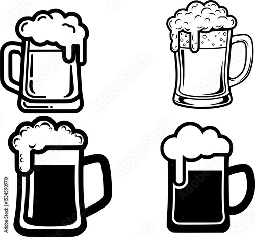 Beer mug with foam outline icon, Simple black and white outline icon of a beer mug with foam on top, symbolizing celebration or drinks, isolated on a white background.