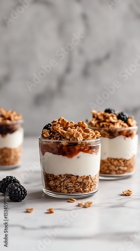 Granola parfait desserts in glass jars with yogurt, jam, and blackberries on a marble surface
