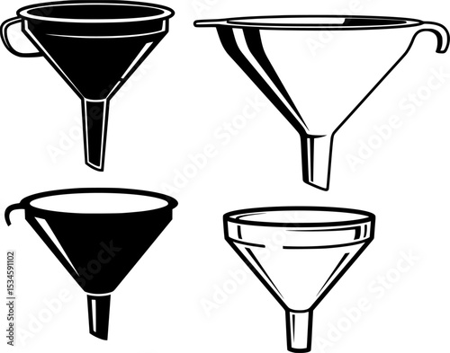 A simple black and white illustration of a classic kitchen funnel shape

