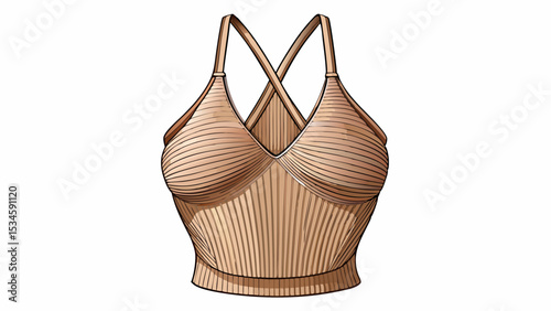 A modern twist on essentials: beige, ribbed, with a flattering halter neckline and thin strap support, centered on a pure white background, ideal for high-fashion vector-style showcases.