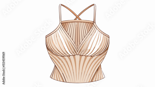 A modern twist on essentials: beige, ribbed, with a flattering halter neckline and thin strap support, centered on a pure white background, ideal for high-fashion vector-style showcases.