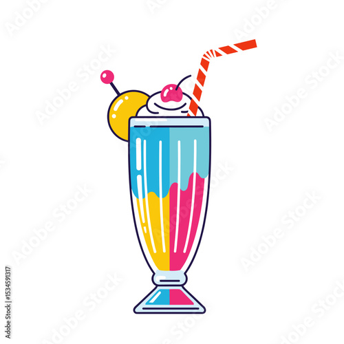 Colorful milkshake in tall glass with straw and cherry topping  