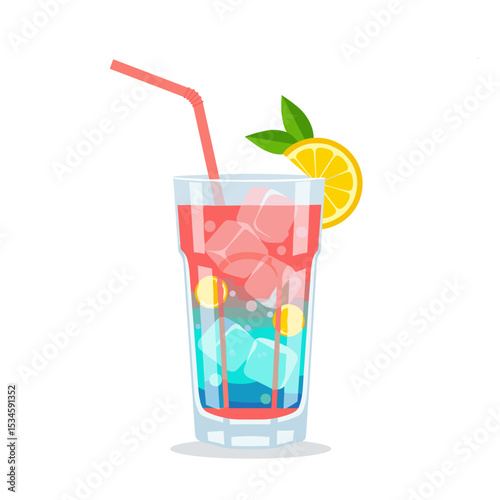 Refreshing drink with ice cubes and lemon slice in clear glass  