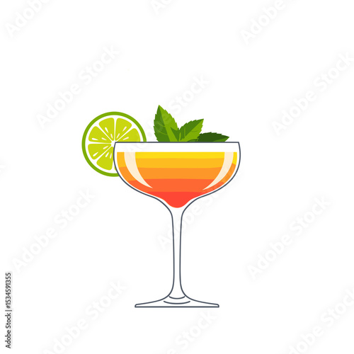 Colorful cocktail in glass with lime and mint garnish  