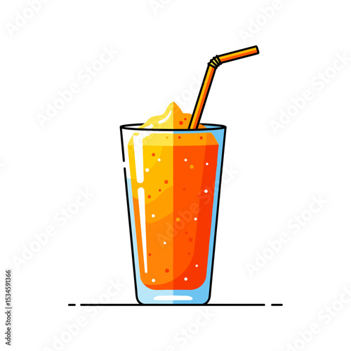 Fresh orange smoothie in a glass with a straw on a white background  