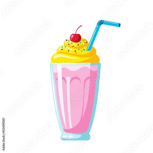 Colorful milkshake with whipped cream and cherry in a glass  