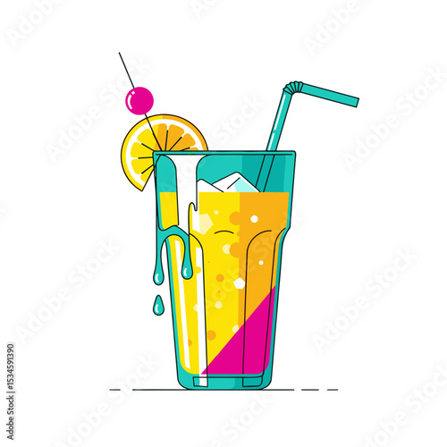 Colorful cocktail in tall glass with ice, straw, and garnish  