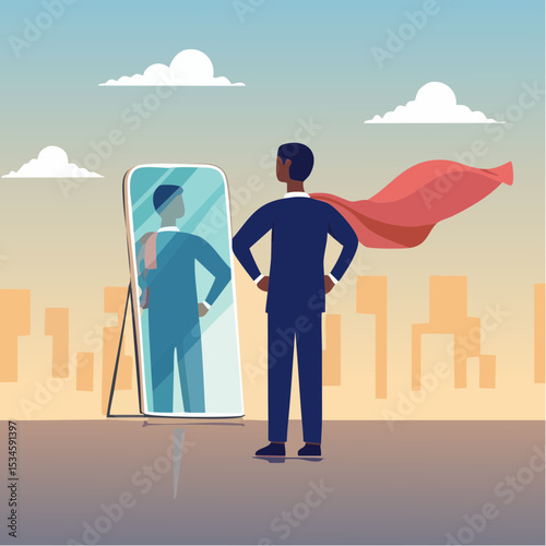 Self confidence or self esteem believe in yourself, positive attitude to success, ambition or determination to achieve goals, businessman looking at his strong ideal self superhero reflection mirro