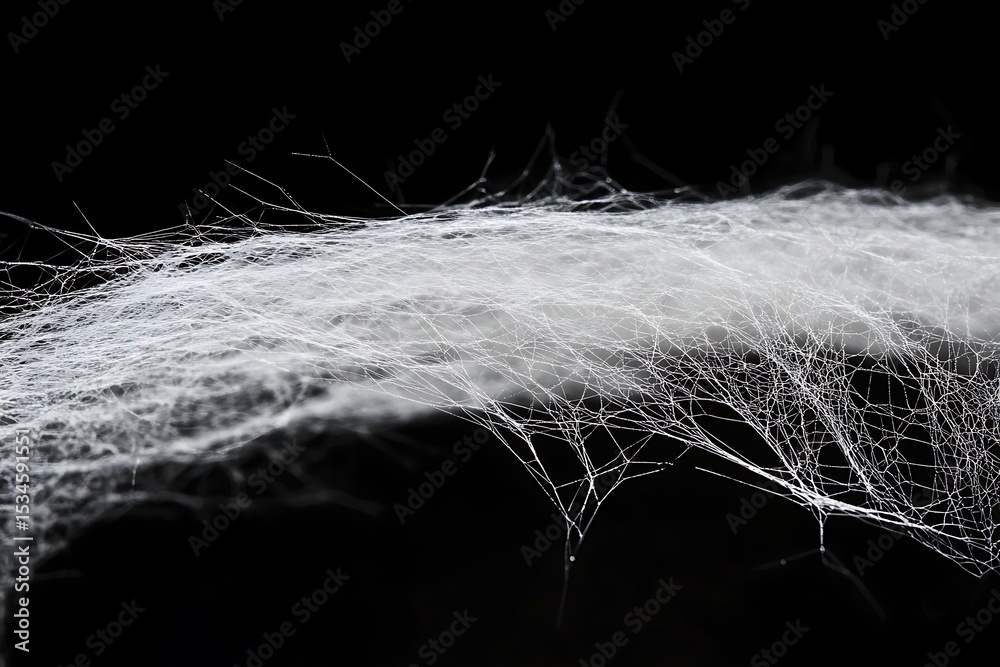 Fototapeta premium A detailed close up of a spiderweb against a black background showing intricate details and texture patterns