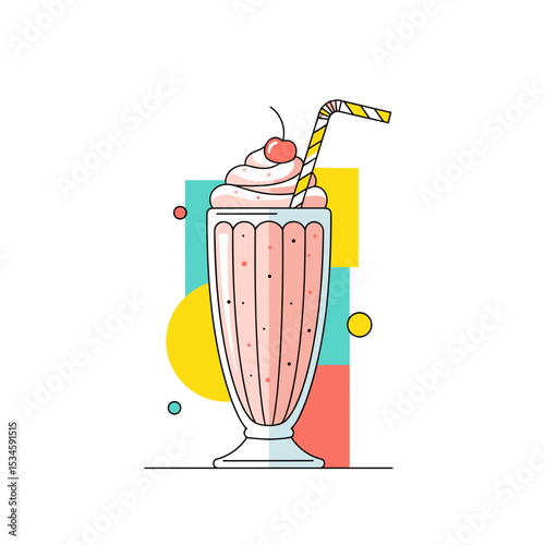 Vintage milkshake in glass with cherry and striped straw  